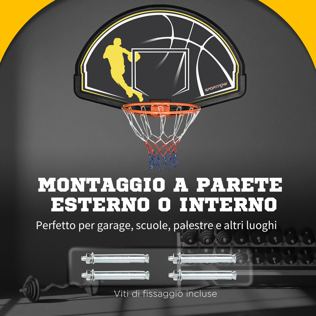Canestro Basket per Bambini e Adulti da Indoor e Outdoor in Acciaio e PE, 110x90x70 cm, Nero e Giallo