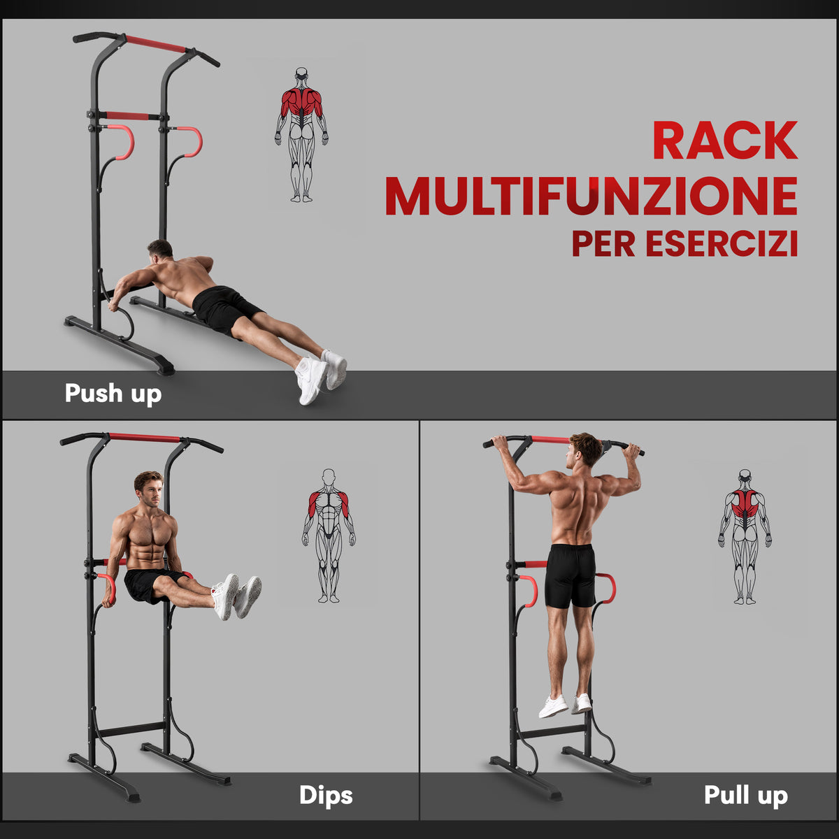 Barra per Trazioni Power Tower Stazione Fitness Multifunzione con Altezza Regolabile 171-219cm Nero Rosso
