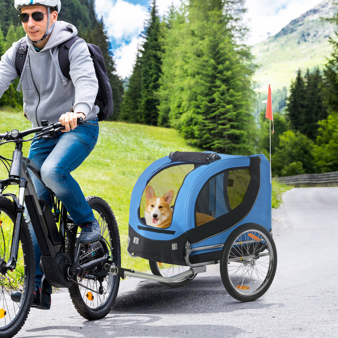 Rimorchio Bici per Cani Taglia Media con Punto di Attacco, Finestre Laterali e Bandierina, Rimorchio per Bici in Acciaio e Tessuto Oxford, 130x73x90 cm, Blu e Nero