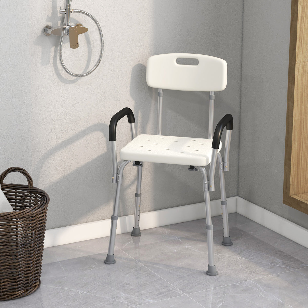 Sedia da Doccia in HDPE a 6 Altezze Regolabili con Schienale e Braccioli, 47x50x74-87 cm, Bianco e Argento