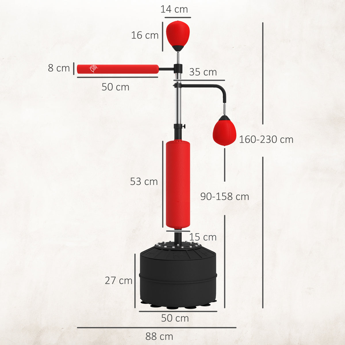 Sacco Boxe da Terra 4 in 1 con 2 Speedball, Barra Girevole e Sacco, Altezza Regolabile da 160-230cm, Rosso