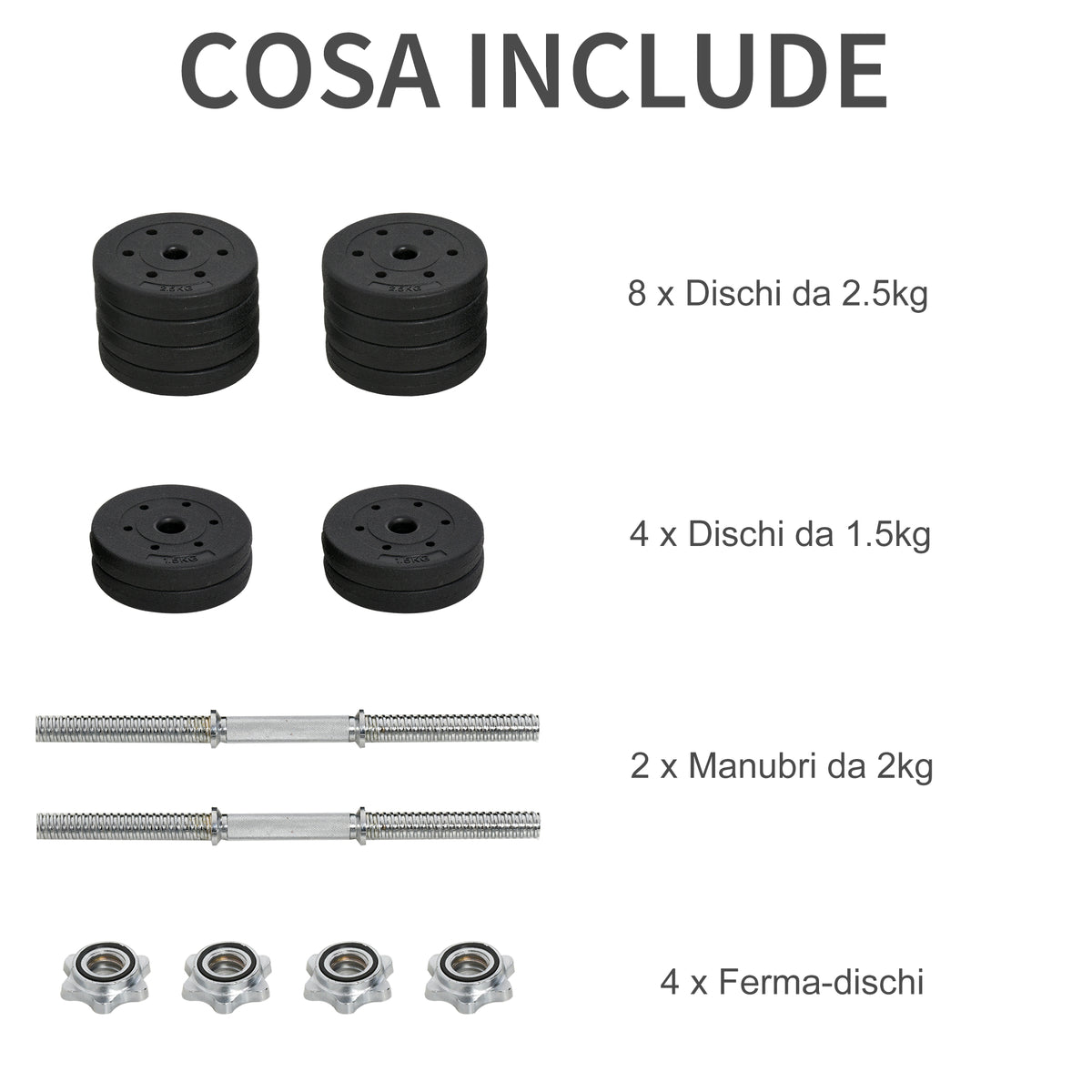 Set Manubri Palestra 30kg (8x2.5 kg, 4x1.5 kg), Pesi Palestra con 12 Dischi e 2 Manubri da 2 kg per Allenamento a Casa, Nero