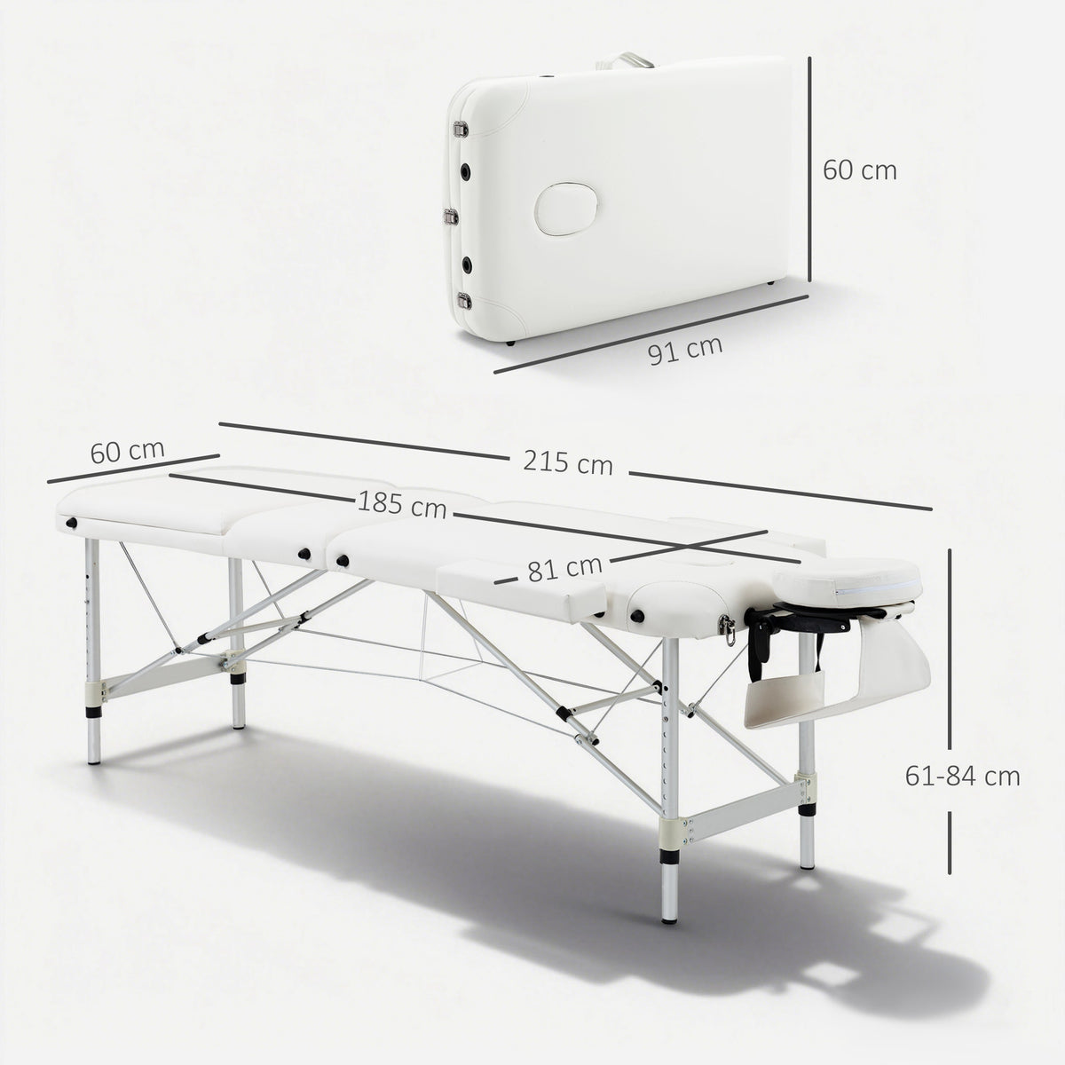 Lettino Massaggi Portatile Pieghevole e Professionale in Alluminio bianco 215x81x61-84cm