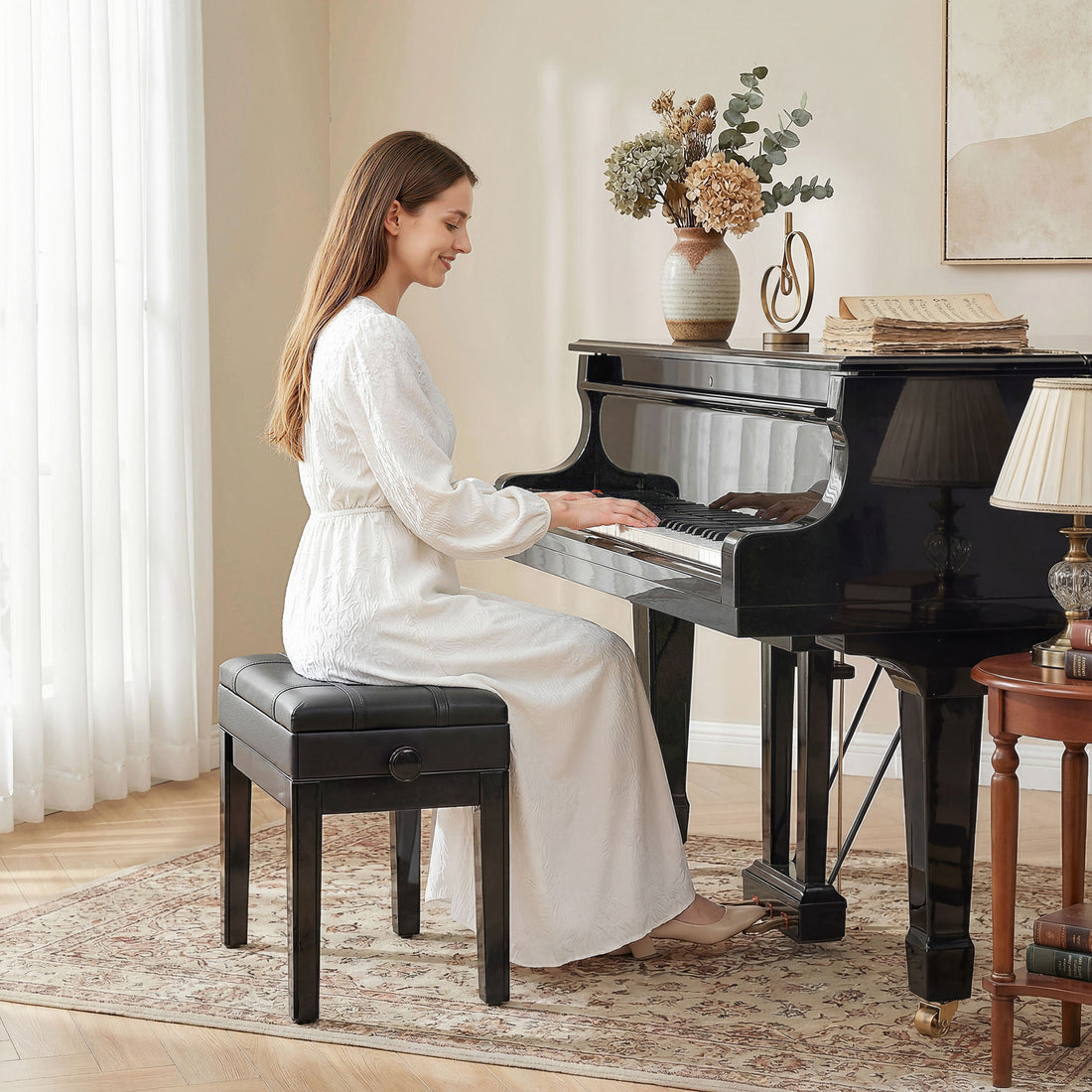 Sgabello per Pianoforte con Altezza Regolabile e Contenitore in Legno e Finta Pelle, 63x35x46-56cm, Nero