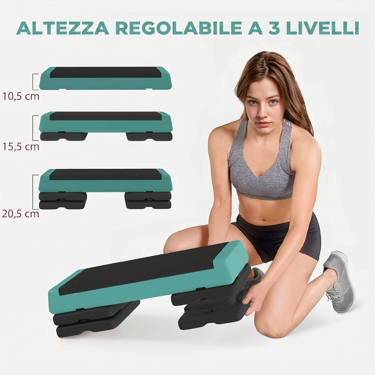Stepper Fitness Regolabile a 10.5/15.5/20.5 cm con Superficie Antiscivolo e Capacità 250 kg, Verde