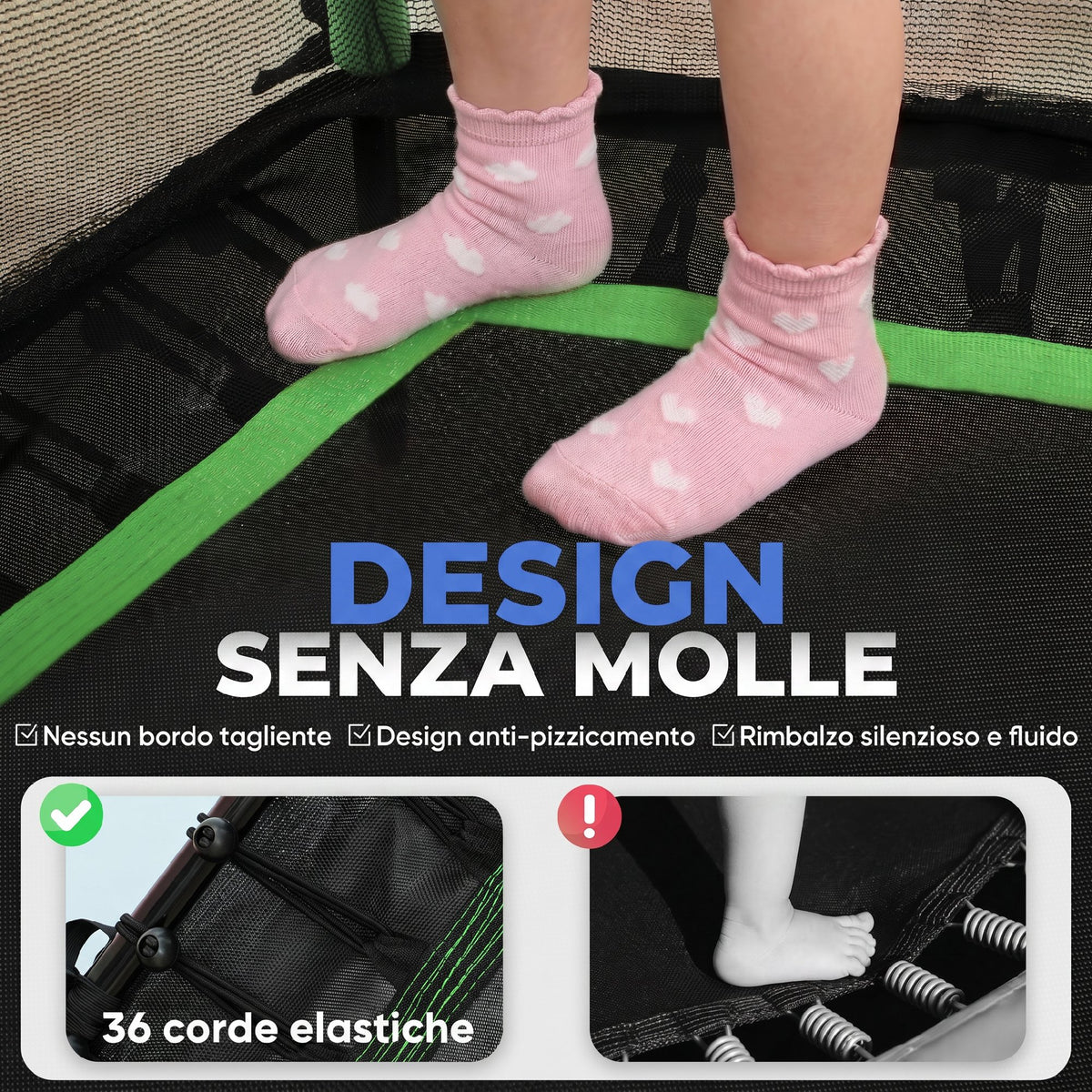 Trampolino Elastico per Bambini 3-10 Anni con Ingresso a Cerniera e Pali Imbottiti, 122x111x190 cm, Verde
