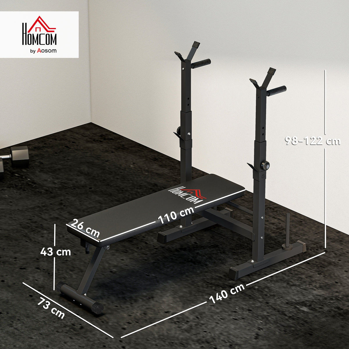 Panca Pesi Pieghevole con 8 Altezze Regolabili e Supporto Bilanciere in Acciaio e PU, 140x73x98-122 cm, Nera