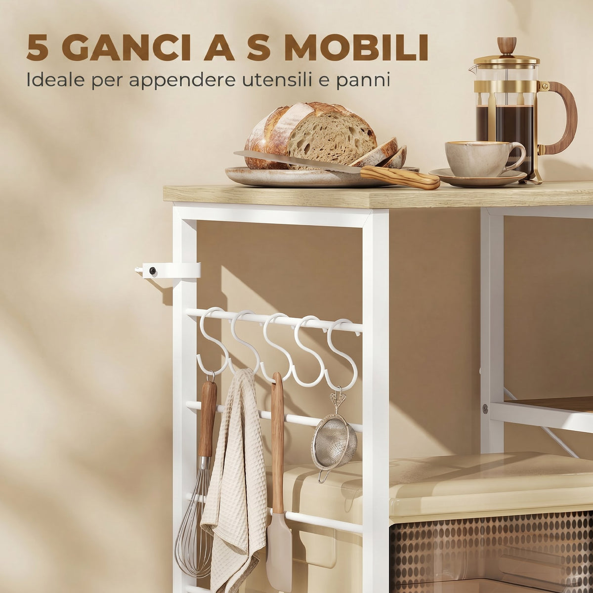 Scaffale Cucina con Ripiani in Legno e Metallo con 5 Ganci, Salvaspazio, 90x39x83.5 cm, Rovere