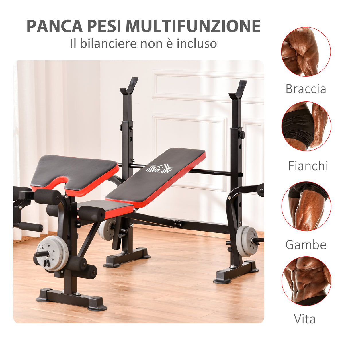 Panca Multifunzione Regolabile con Supporto per Bilanciere, in Acciaio e Plastica, 175x139x127 cm, Rosso e Nero