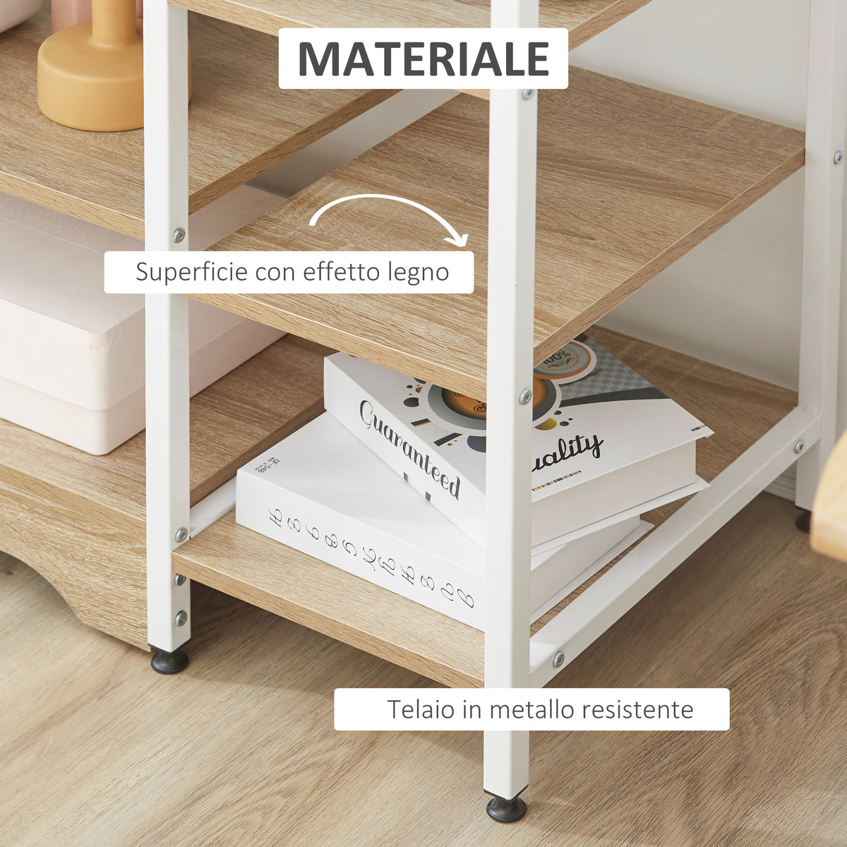 Scaffale da Cucina Basso Salvaspazio Stile Industriale, Mobiletto con 7 Ripiani per Cucina in Metallo e Legno, 90x40x95cm, Bianco