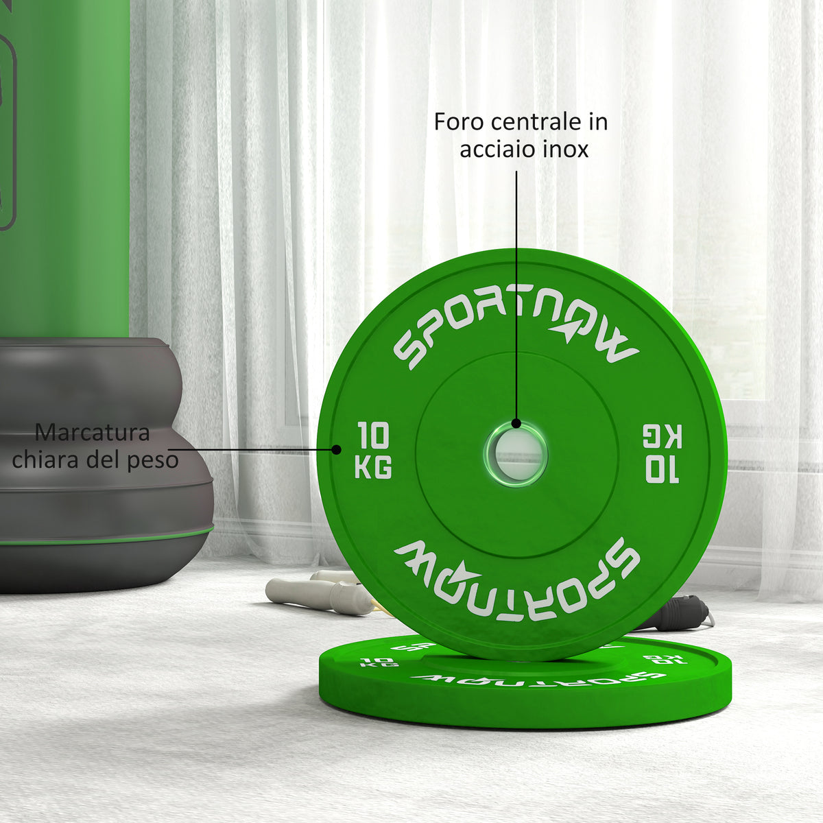 Set 2 Dischi Pesi da 10kg in Gomma con Foro da 2"/5 cm per Manubri e Bilancieri, Verde