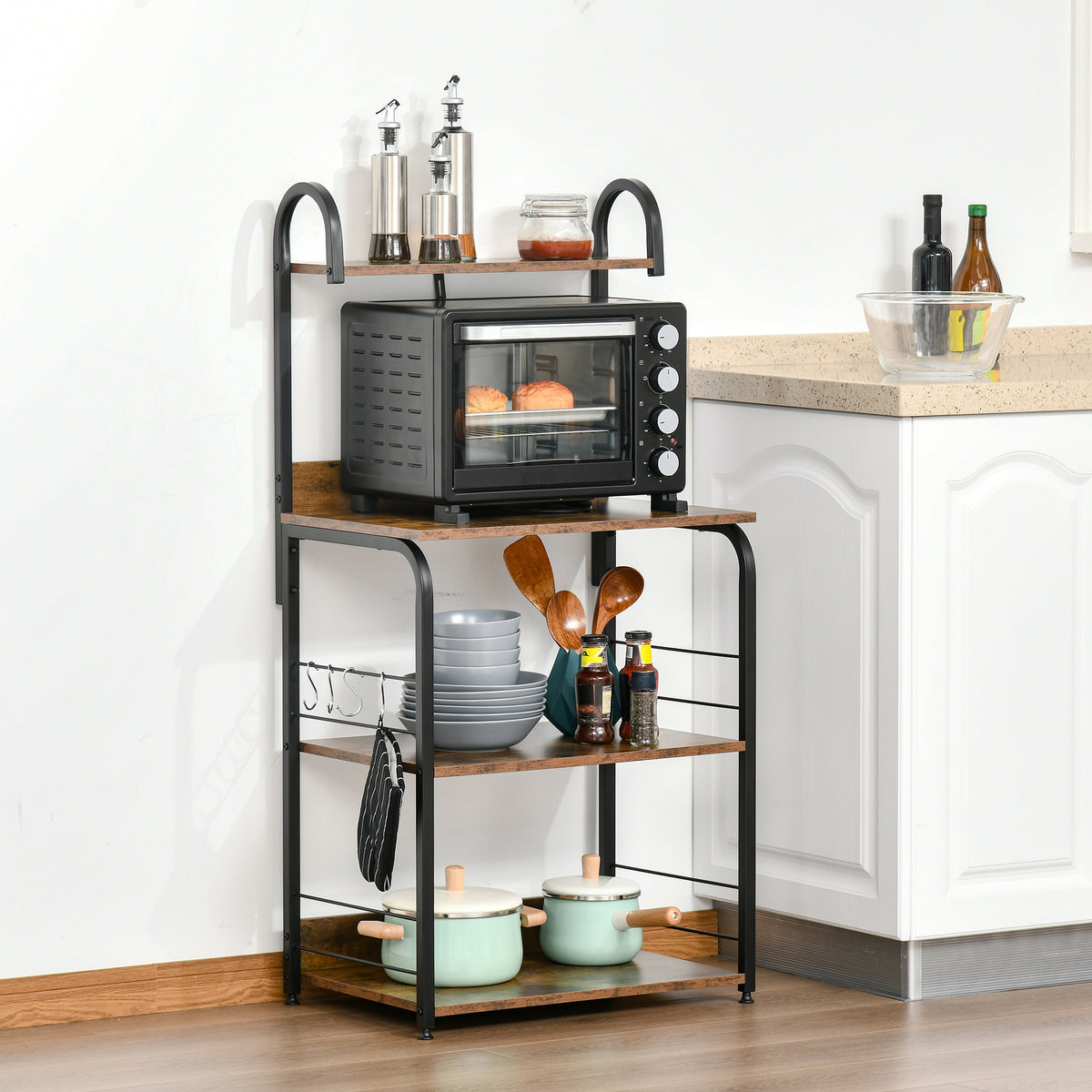 Mobiletto per Microonde, Scaffale da Cucina a 4 Ripiani e 4 Ganci, Mobile Cucina in Acciaio e Legno 60x40x125cm, Marrone Rustico