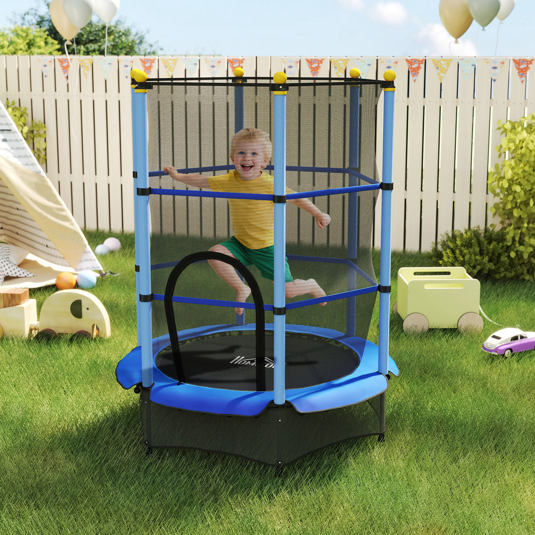 Tappeto Elastico per Bambini con Rete di Sicurezza e Pali Imbottiti Età 3-10 Anni, 140 x 190 cm, Blu