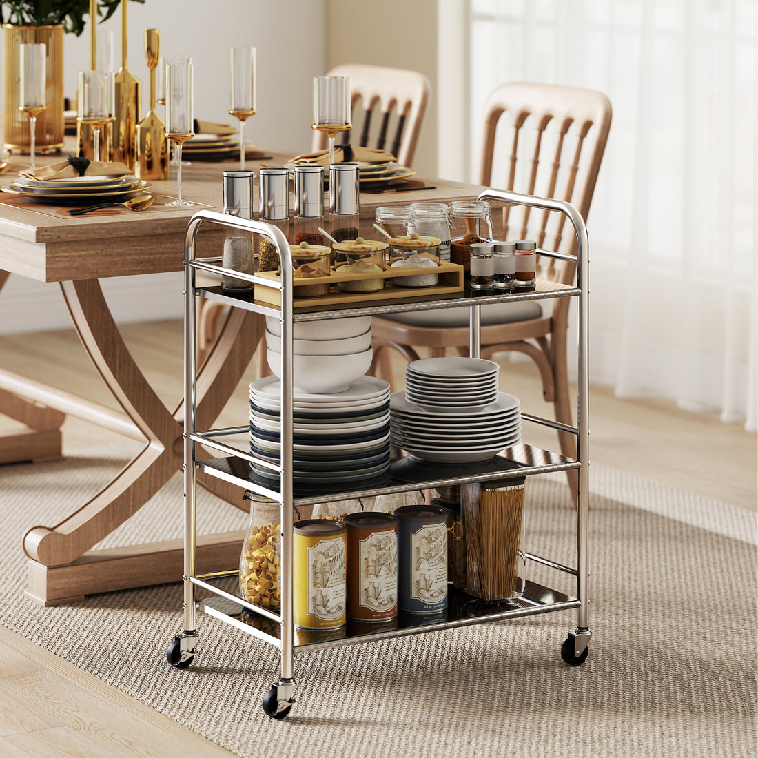 Carrello Multiuso a 4 Livelli con Ripiano Centrale Regolabile e Bordi Rialzati, in Acciaio Inox, 60x35x77 cm