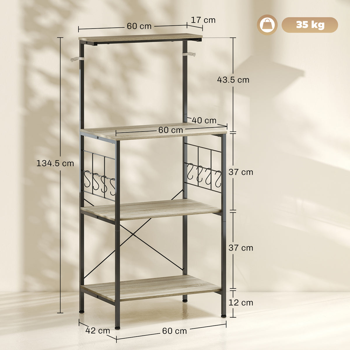 Scaffale Cucina a 4 Livelli con Pannelli a Rete e 8 Ganci Stile Industriale, 60x42x134.5 cm, Rovere