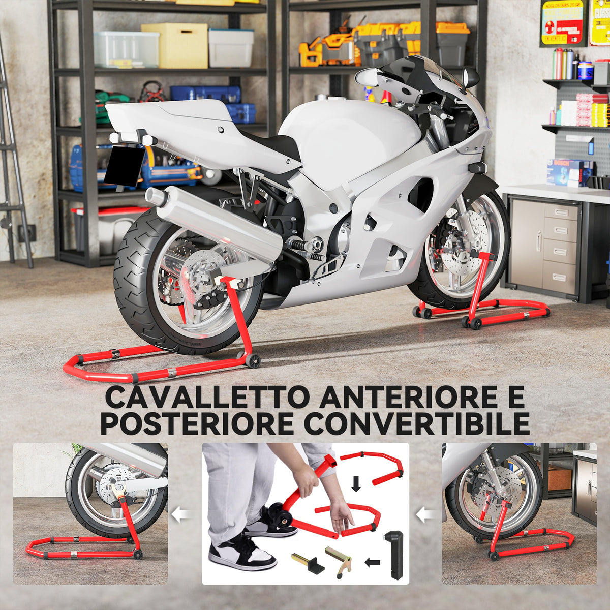 Cavalletto Moto Anteriore e Posteriore con Capacità 390 kg, Forcelle a U e L, Rotelle e Cuscinetti Antiscivolo, Rosso