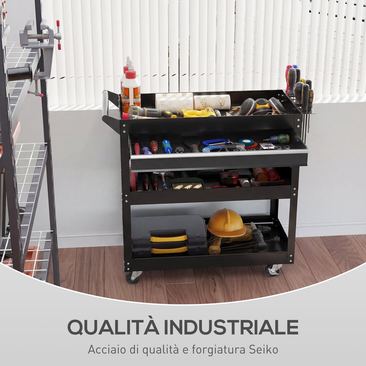 Carrello 3 Livelli in Acciaio con Cassetto, Porta Utensili Laterale e Maniglia, Nero