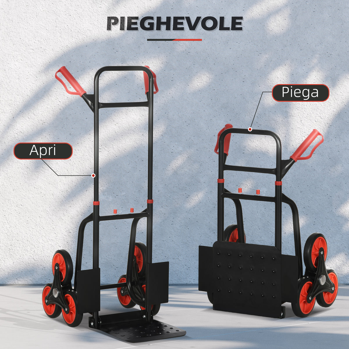 Carrello Portapacchi Pieghevole 120 kg max con Maniglia Estraibile, 44 x 38 x 106.5 cm, Rosso e Nero