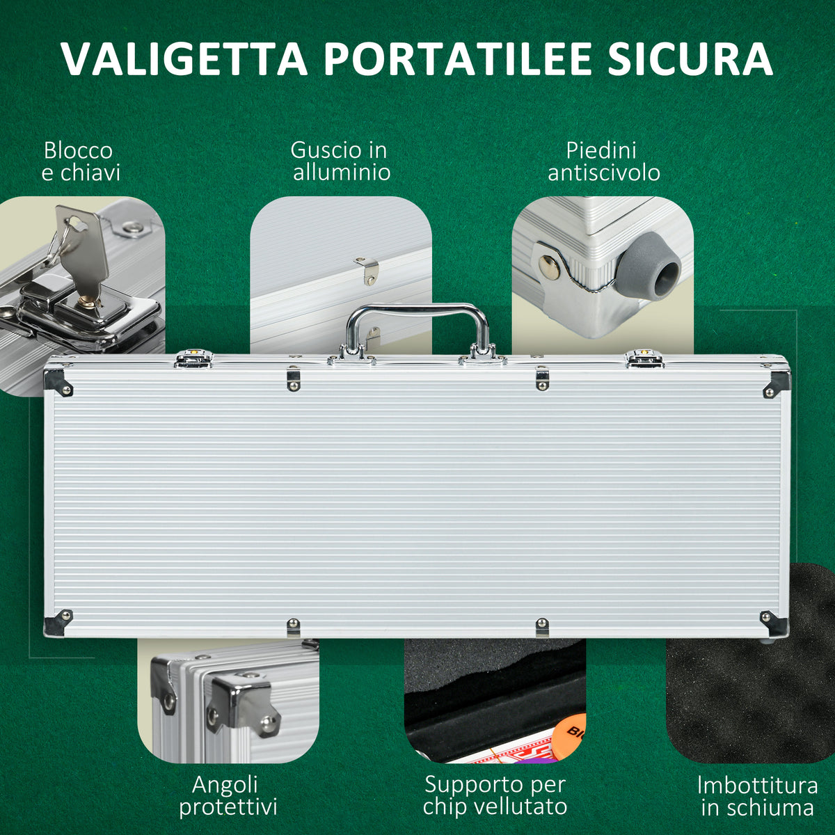 Set Poker per 9-10 Giocatori con 500 Fiches, 2 Mazzi di Carte e 5 Dadi, in Alluminio e Poliestere
