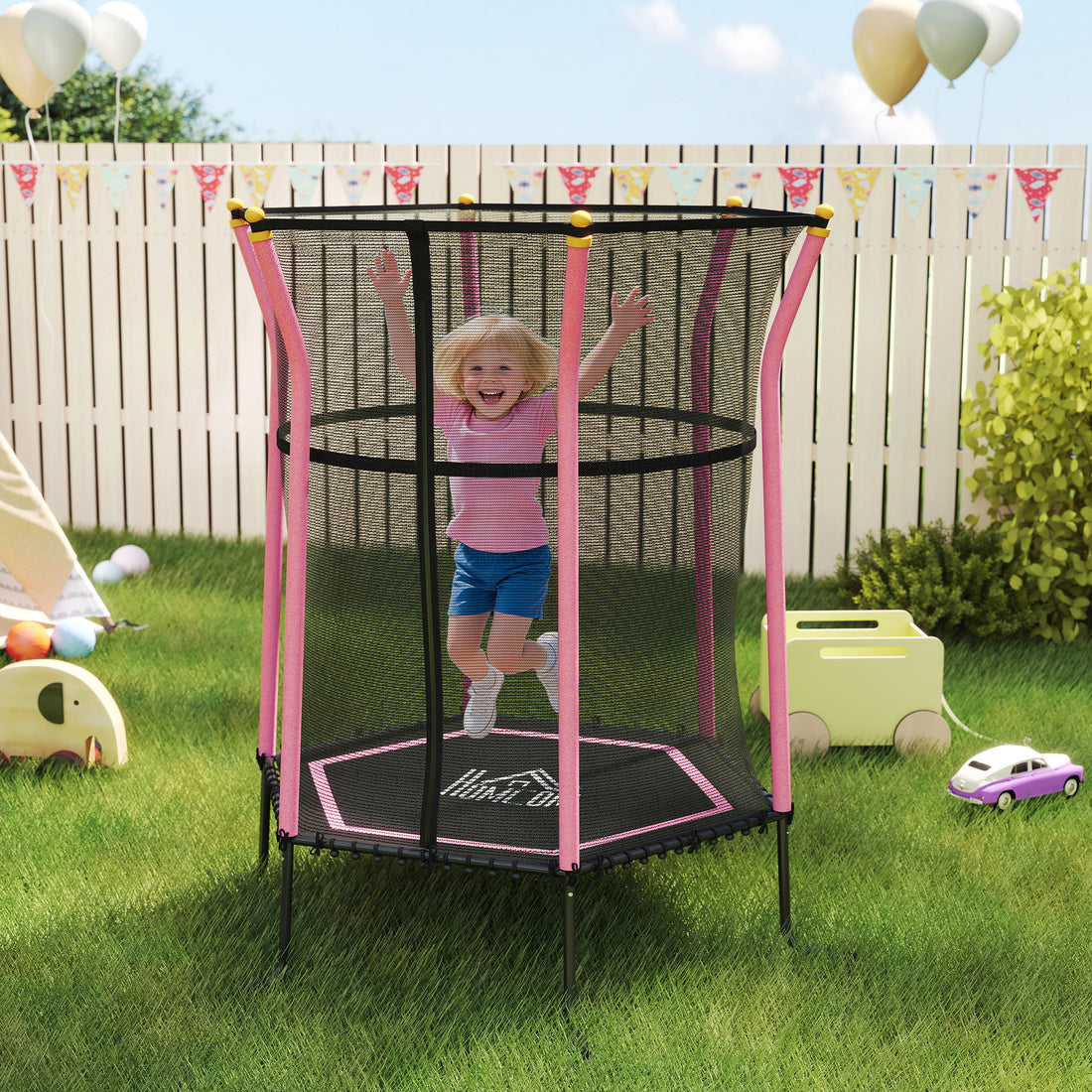 Tappeto Elastico per Bambini con Ingresso a Cerniera e Pali Imbottiti, in Acciaio, PP e EPE, 122x111x190 cm, Rosa