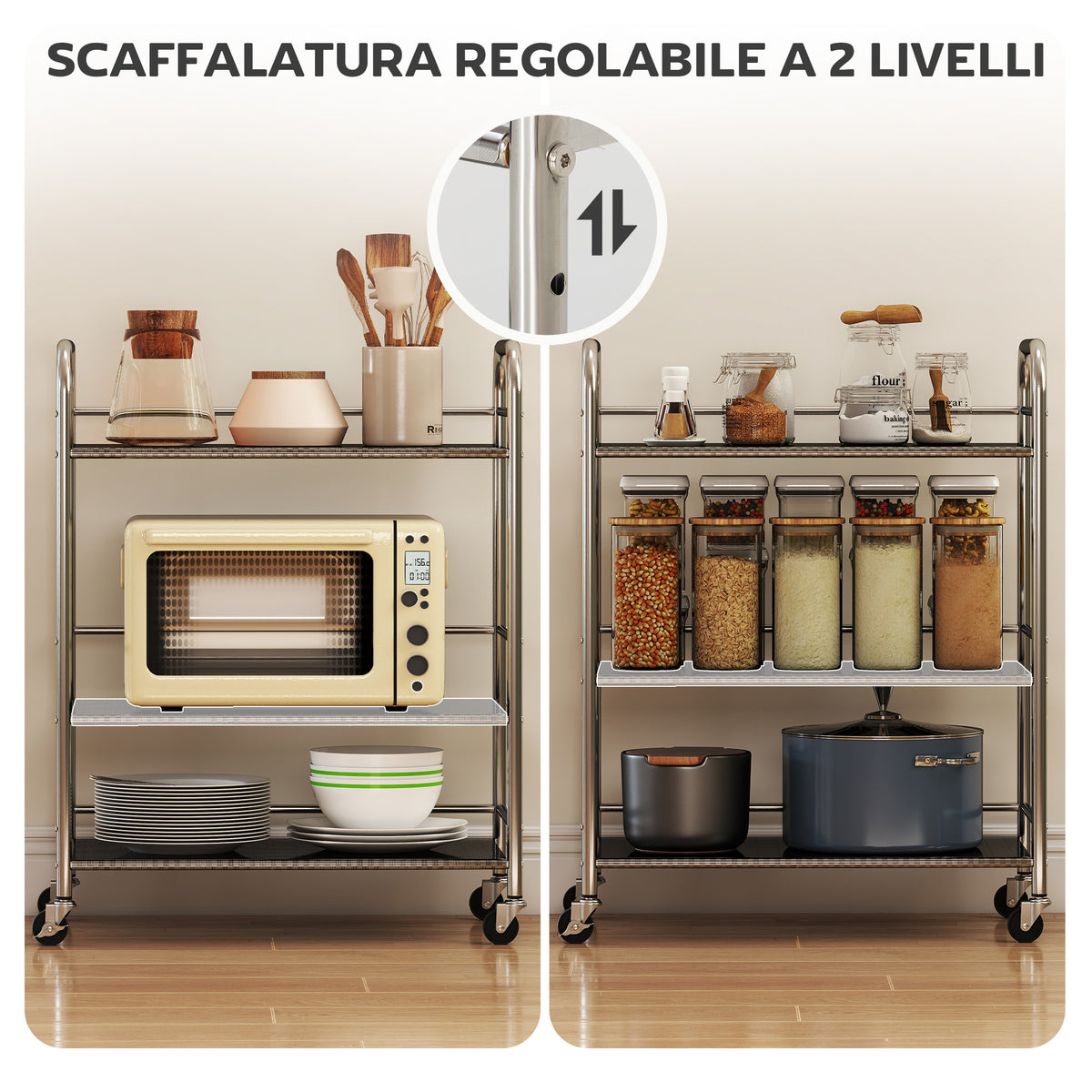 Carrello Multiuso a 4 Livelli con Ripiano Centrale Regolabile e Bordi Rialzati, in Acciaio Inox, 60x35x77 cm