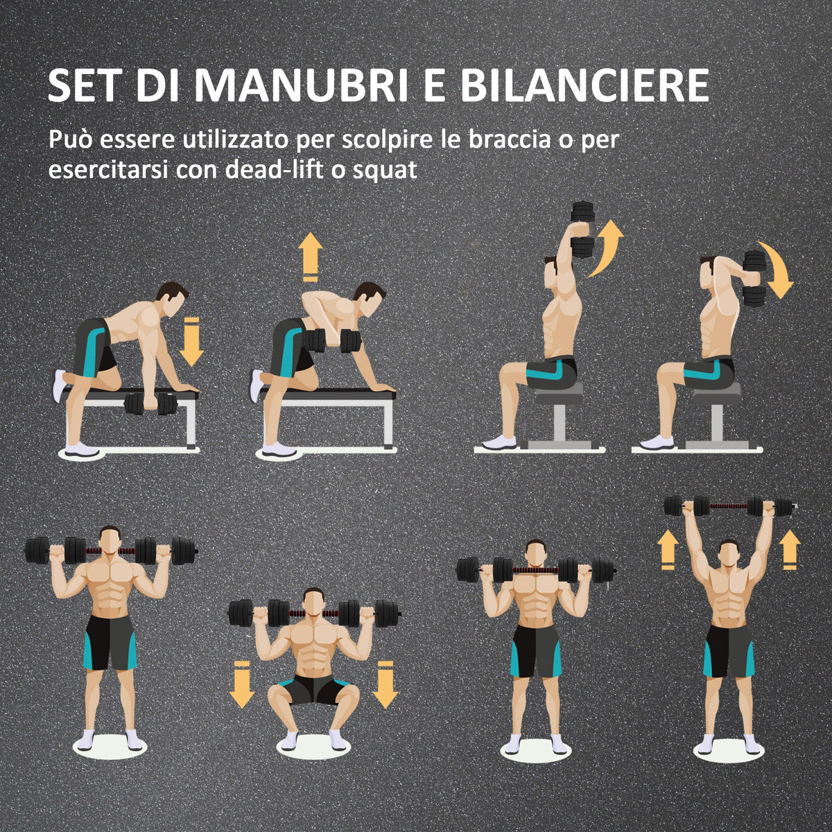 Set 2 Manubri Antiscivolo con 16 Dischi Pesi da 30 kg totali e Connettore, in Acciaio, HDPE e Sabbia, Nero