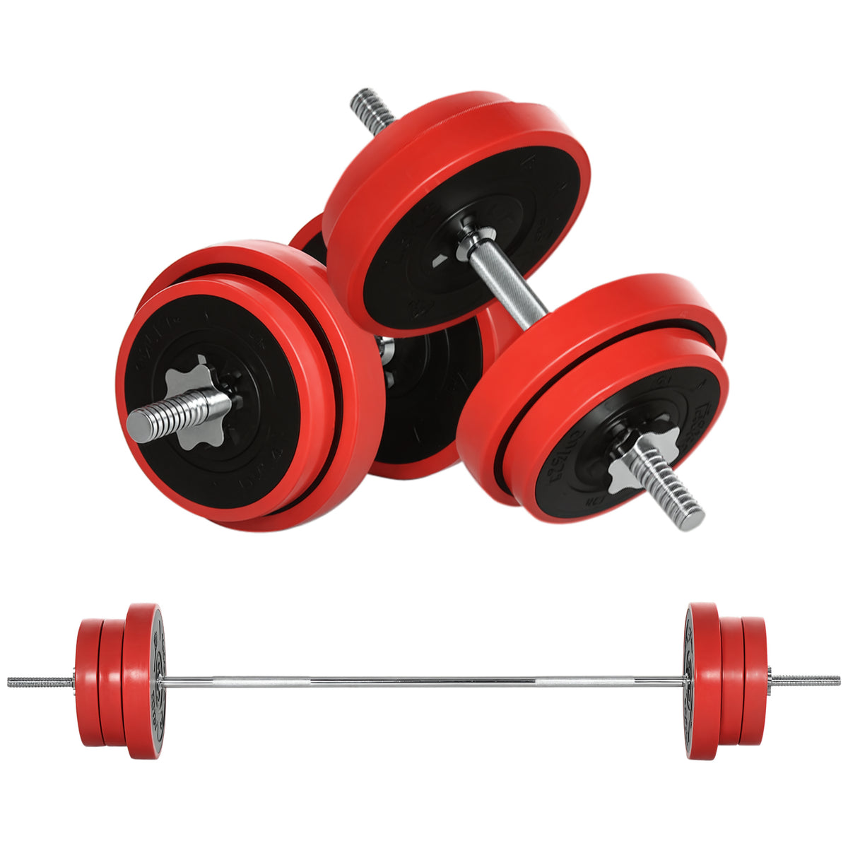 Set Bilanciere e Dischi 65kg totali per Workout in Casa, in Metallo, Sabbia di Ferro e Gomma, Rosso
