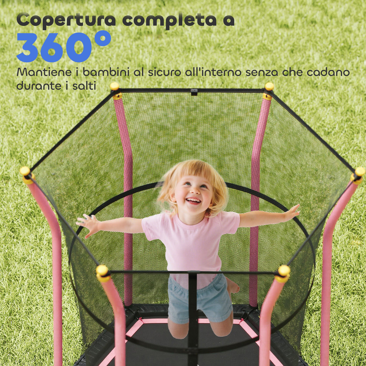 Tappeto Elastico per Bambini con Ingresso a Cerniera e Pali Imbottiti, in Acciaio, PP e EPE, 122x111x190 cm, Rosa