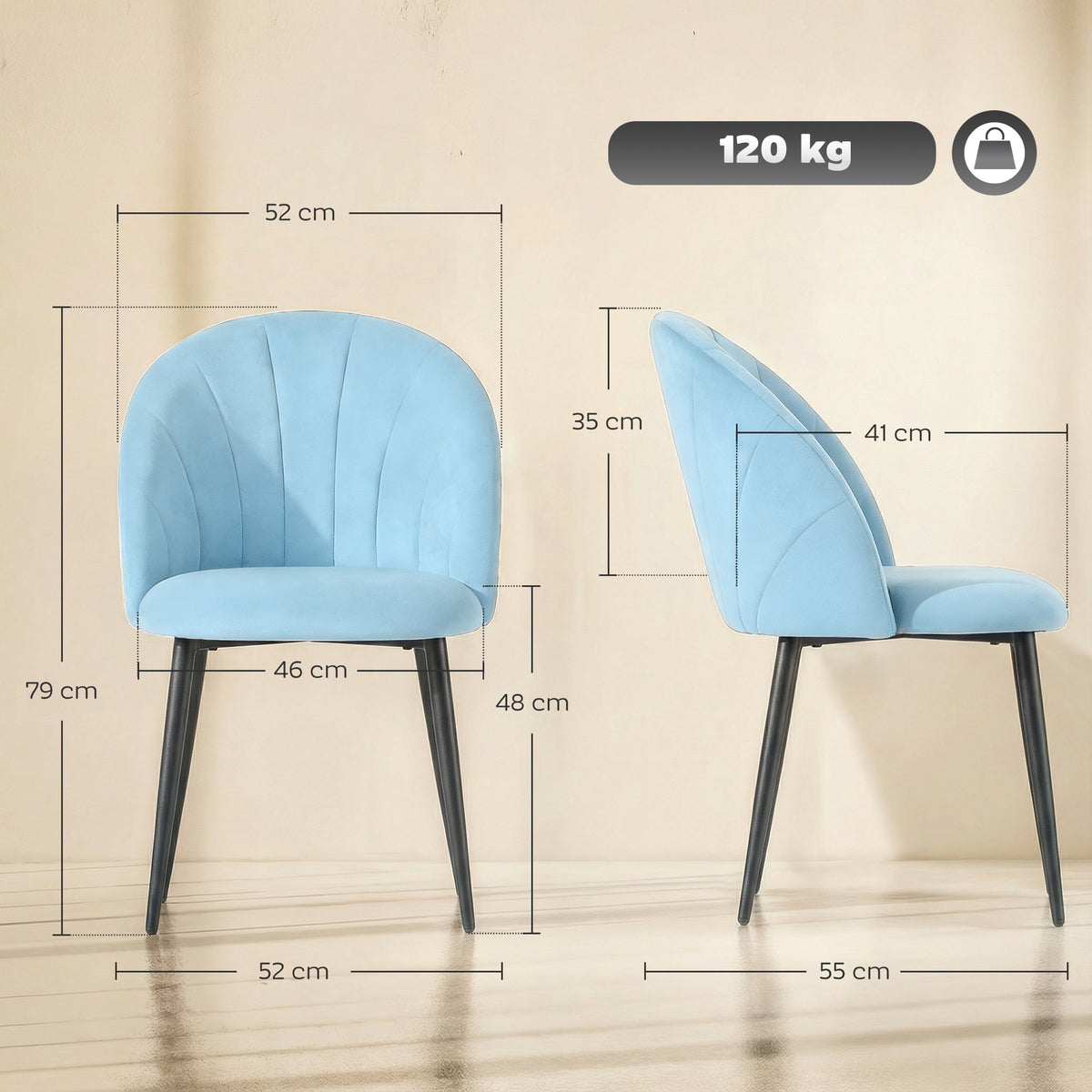 Set 2 Sedie da Pranzo Imbottite con Schienale a Conchiglia in Velluto, 52x55x79 cm, Azzurro