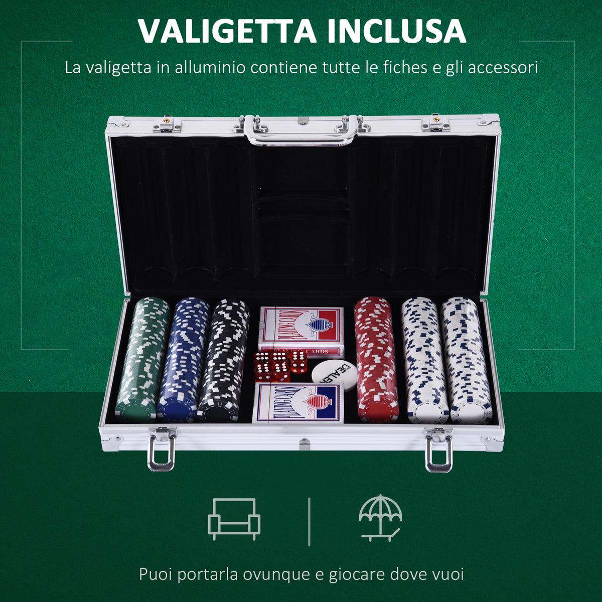 Valigetta Poker Professionale in Alluminio, Set Poker con 300 Fiches e 2 Mazzi per Texas hold&