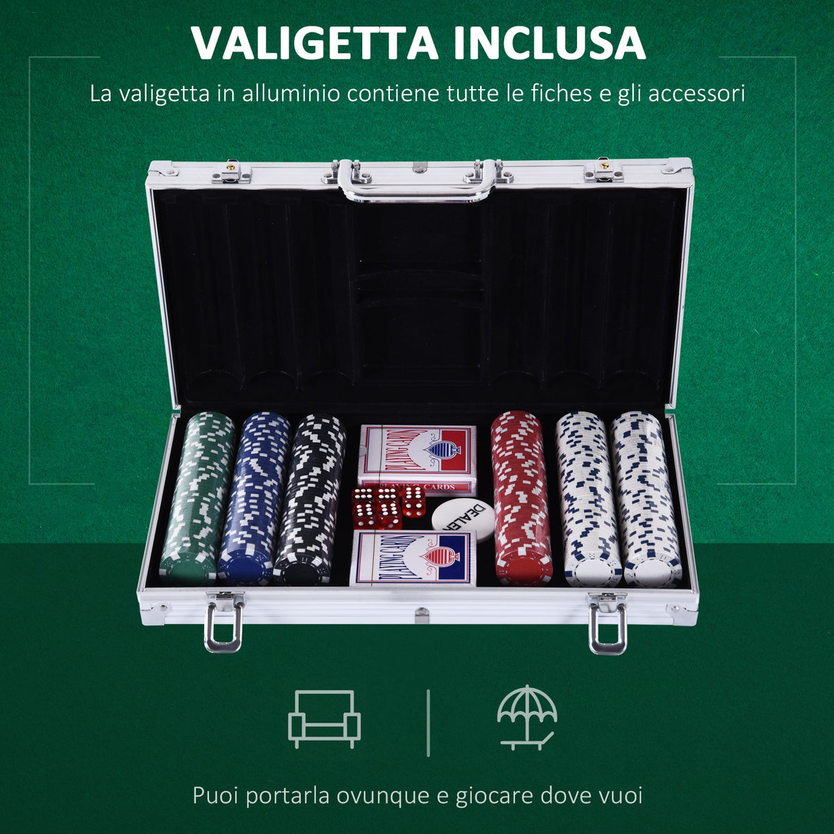 Valigetta Poker Professionale in Alluminio, Set Poker con 300 Fiches e 2 Mazzi per Texas hold&