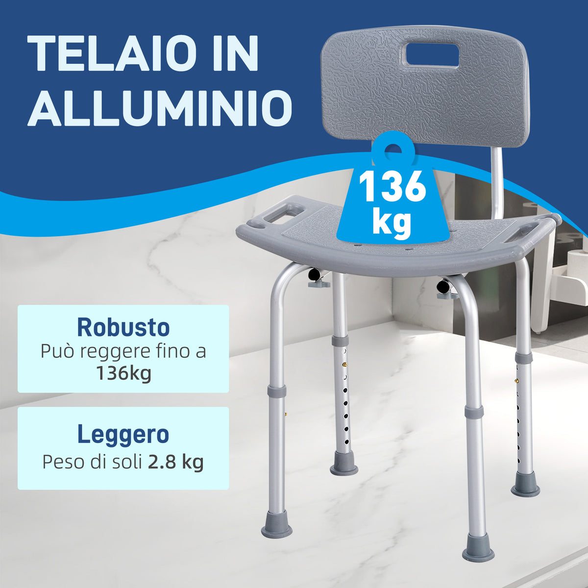 Sedia da Doccia per Bagno in Alluminio e Plastica Altezza Regolabile 8 Livelli 71-88cm Piedini Antiscivolo