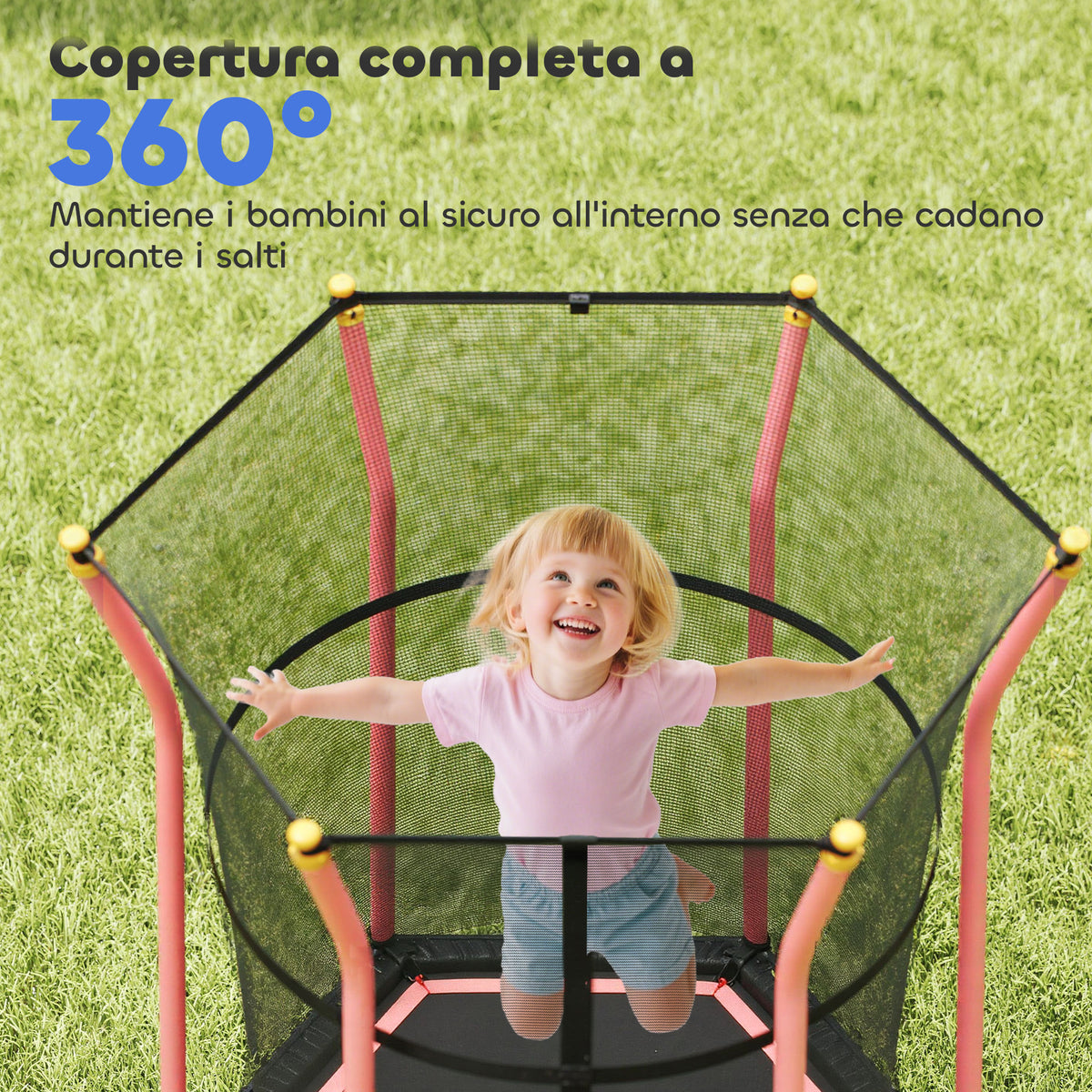 Tappeto Elastico per Bambini con Ingresso a Cerniera e Pali Imbottiti, 122x111x190 cm, Rosso