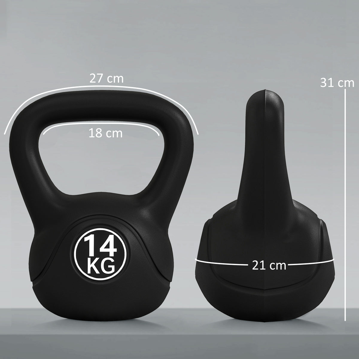 Kettlebell 14kg in Plastica e Sabbia con Base Piatta e Impugnatura, Nero