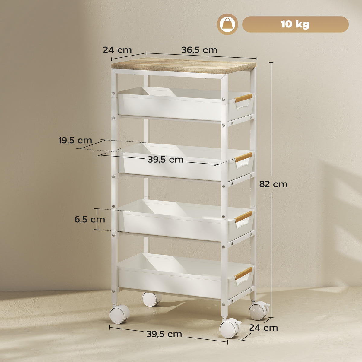 Carrello da Cucina a 5 Livelli con 4 Cesti Estraibili, in Metallo, PP e Legno, 39.5x24x82 cm, Bianco e Rovere
