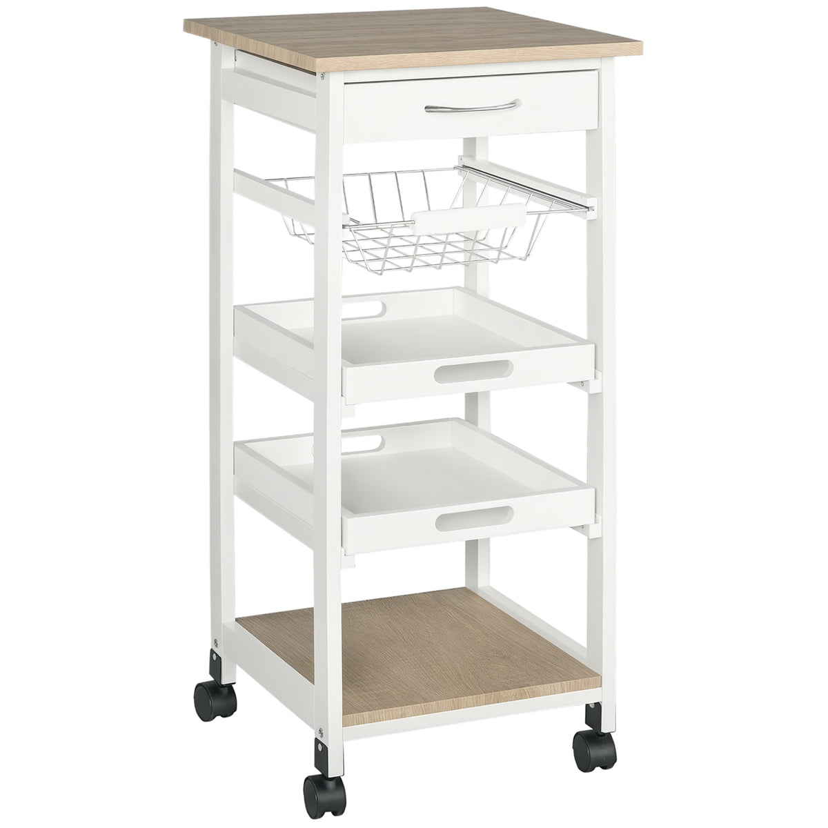 Carrello da Cucina Salvaspazio in Legno di Pino e MDF, Carrello Portaoggetti con Cassetto, Cestello, 2 Vassoi e 4 Ruote Universale, 37x37x82cm, Bianco