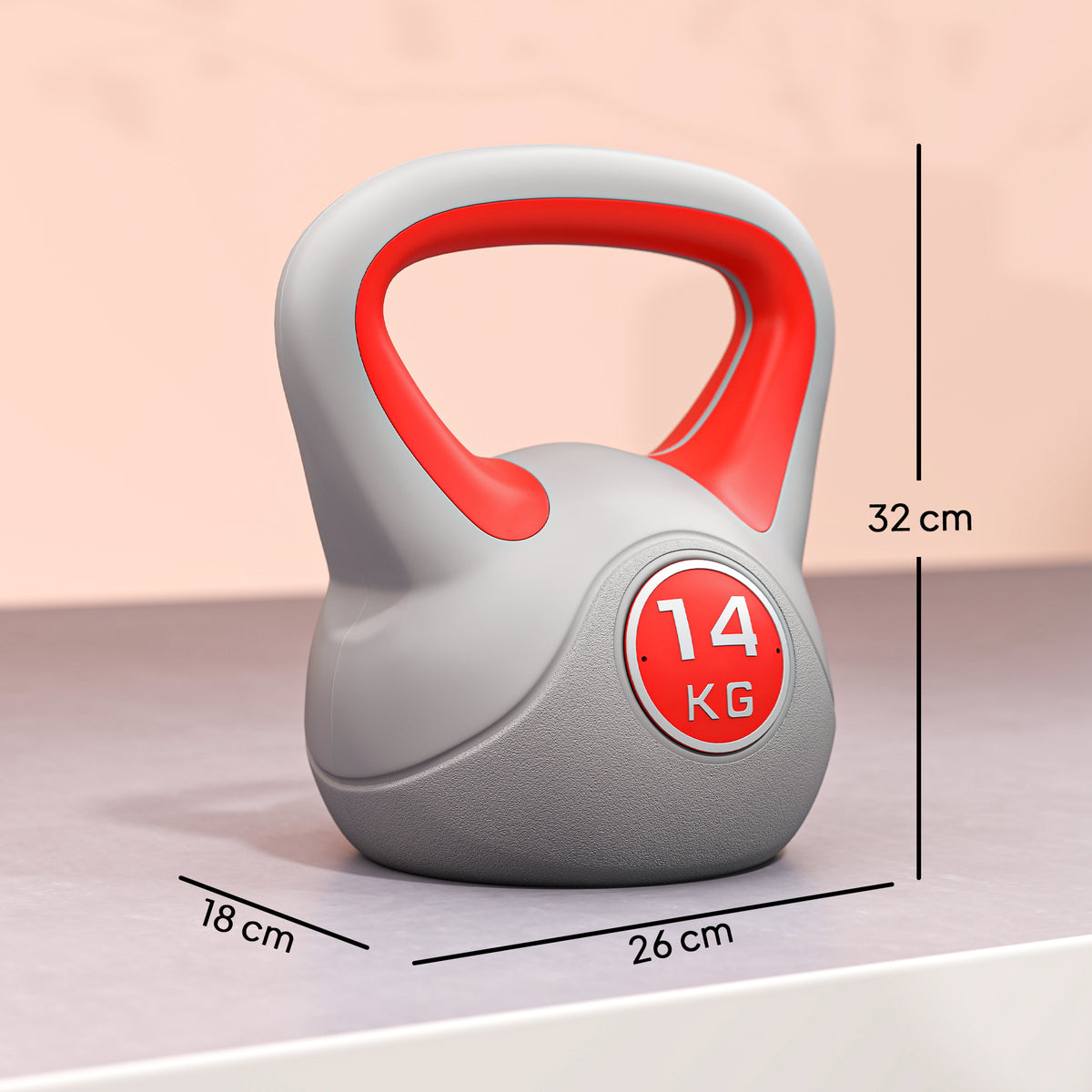 Kettlebell 14kg in PU e Sabbia con Base Piatta e Impugnatura per Stacchi, Squat e Sollevamenti, 26x18x32 cm, Rosso