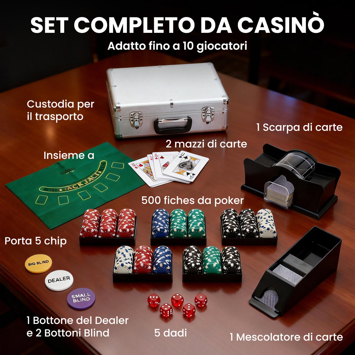 Set da Poker Completo con 500 Fiches, Mescolatore di Carte, Distributore di Carte, Tappetino, 5 Dadi, Argento