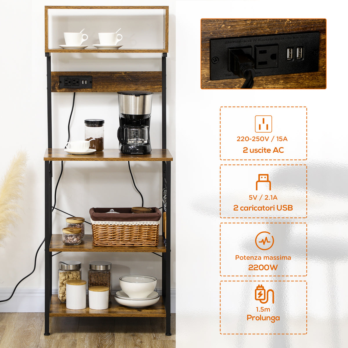 Scaffale Cucina con Multipresa, Ripiani e Ganci Stile Industriale, 60x42x153cm, Marrone