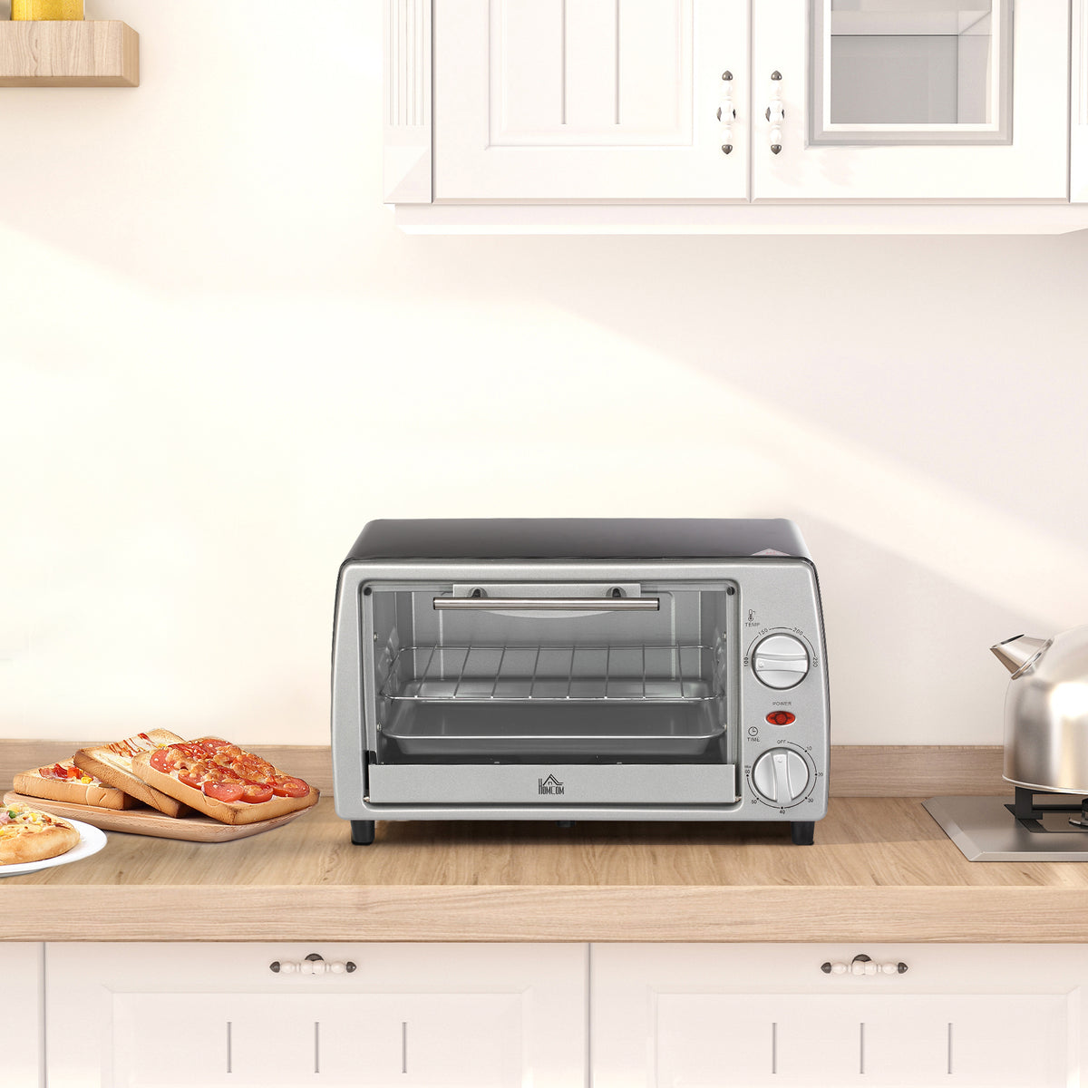 Fornetto Elettrico 10L Temperatura Regolabile e Timer, Griglia e Teglia Incluse, 750W, 36.5x26x22cm, Argento Nero