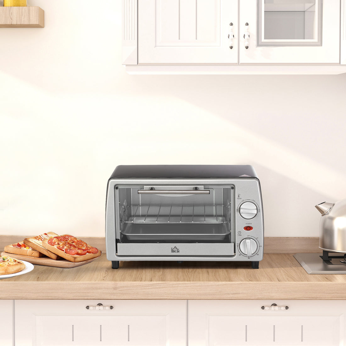 Fornetto Elettrico 10L Temperatura Regolabile e Timer, Griglia e Teglia Incluse, 750W, 36.5x26x22cm, Argento Nero