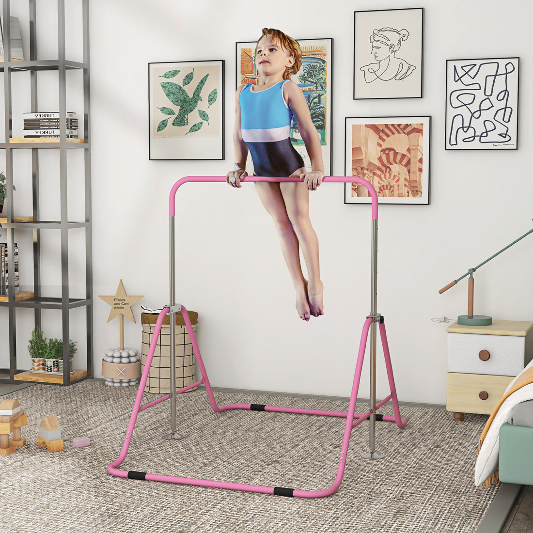 Sbarra per Trazioni Pieghevole per Bambini 3-8 Anni con Altezze Regolabili in Acciaio, 154x106.2x88.5-128.5cm, Rosa