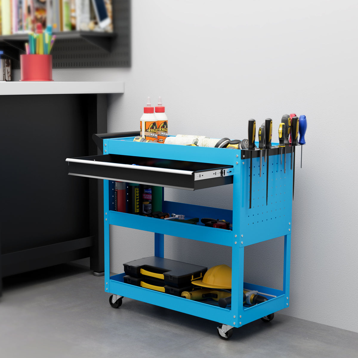 Carrello Porta Attrezzi con Manico Laterale, Cassetto e 3 Ripiani in Acciaio, 82x35x76 cm, Blu