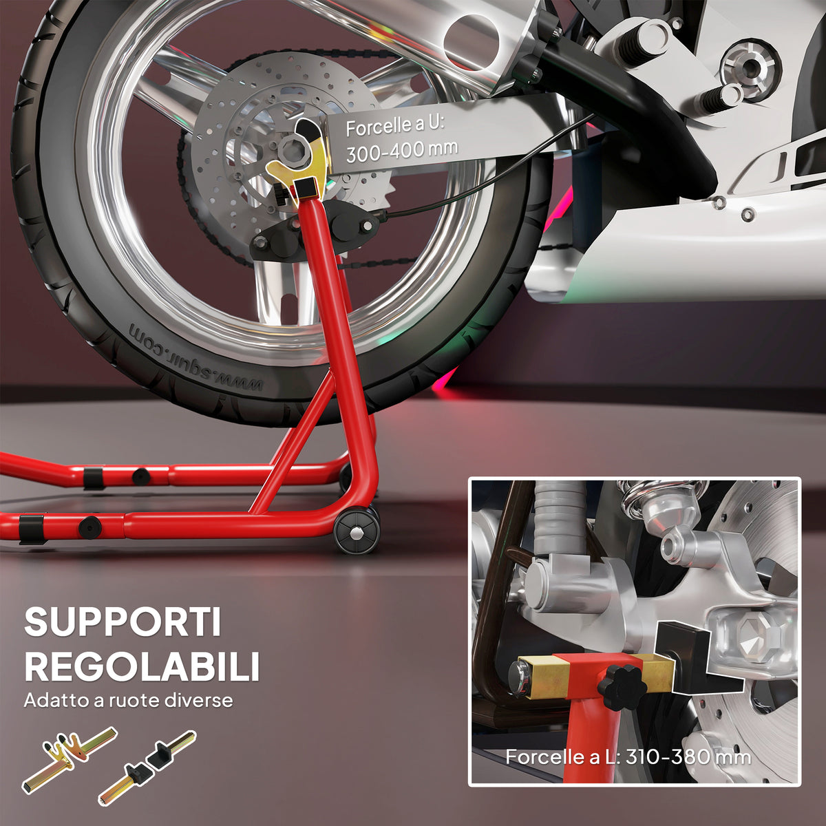 Cavalletto per Moto con Capacità di 544 kg, Forcelle Regolabili a U e L, Rotelle e Cuscinetti Antiscivolo, Rosso
