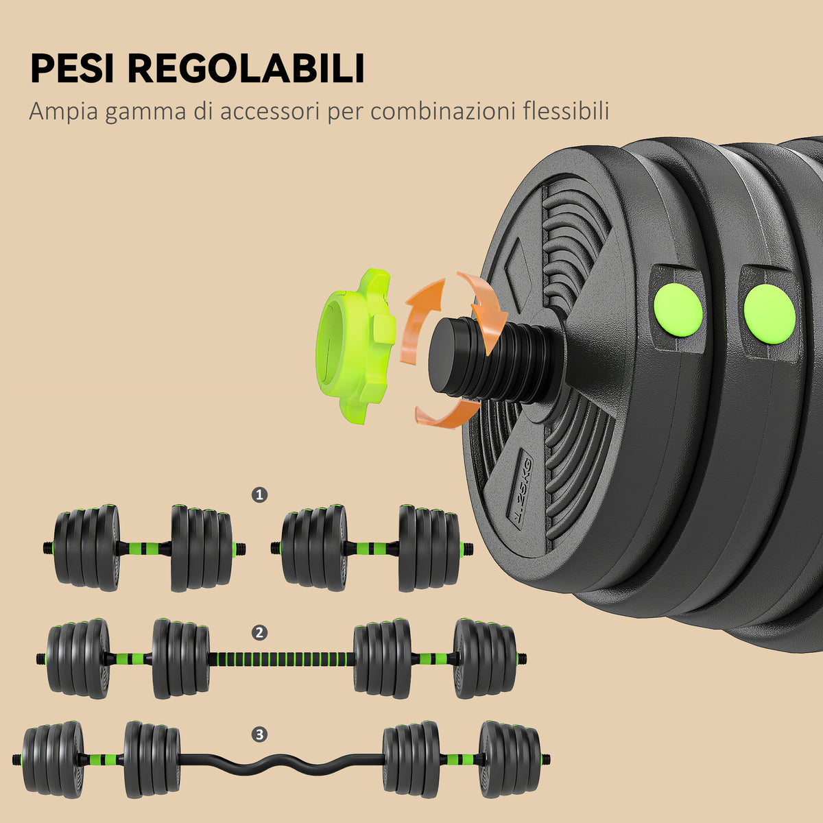 Set Bilanciere con Pesi 3 in 1 da 16 Dischi e Impugnatura Antiscivolo, 140x22x22 cm, Verde