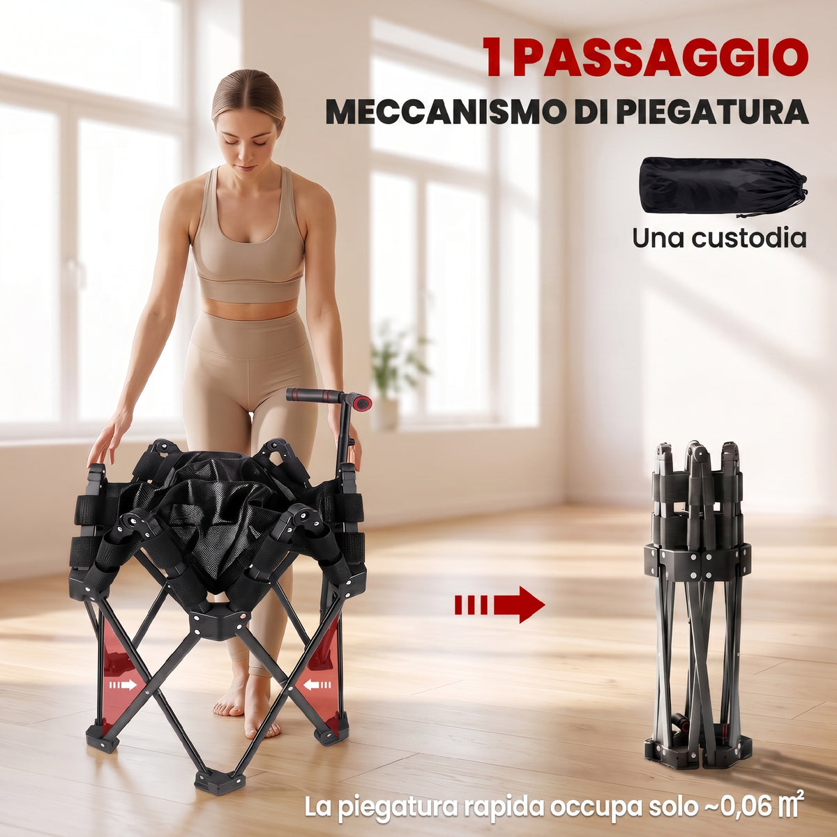 Trampolino Elastico per Adulti 104cm Richiudibile, con Sistema di Apertura Chiusura in un solo Gesto, Maniglia Regolabile e 24 Molle Bungee, Nero