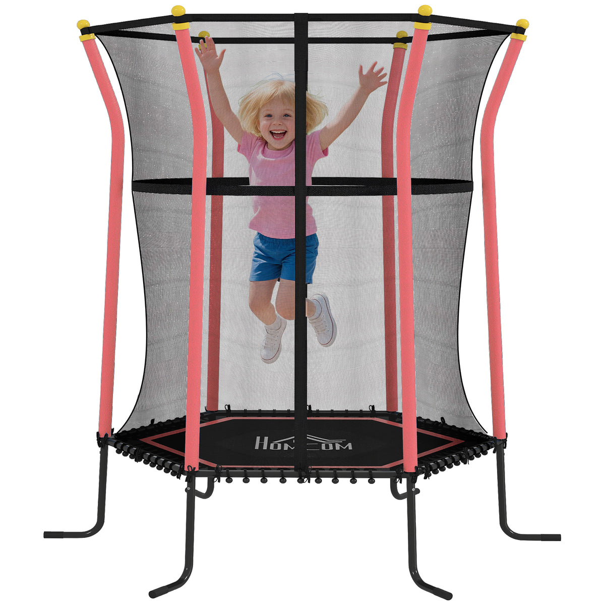 Tappeto Elastico per Bambini con Ingresso a Cerniera e Pali Imbottiti, 122x111x190 cm, Rosso