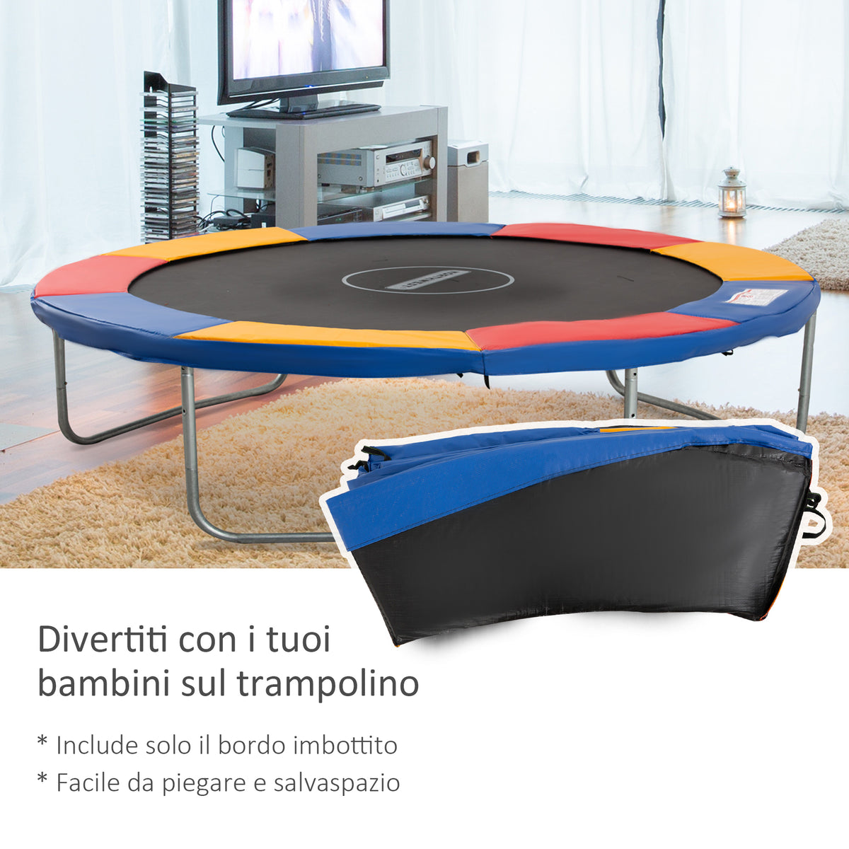 Copertura Tappeto Elastico 305x1.5 cm Pieghevole e Portatile, Protezione Trampolino da Giardino in Plastica, PE e Schiuma EPE, Nessun Foro per Palo, Rosso, Blu e Giallo