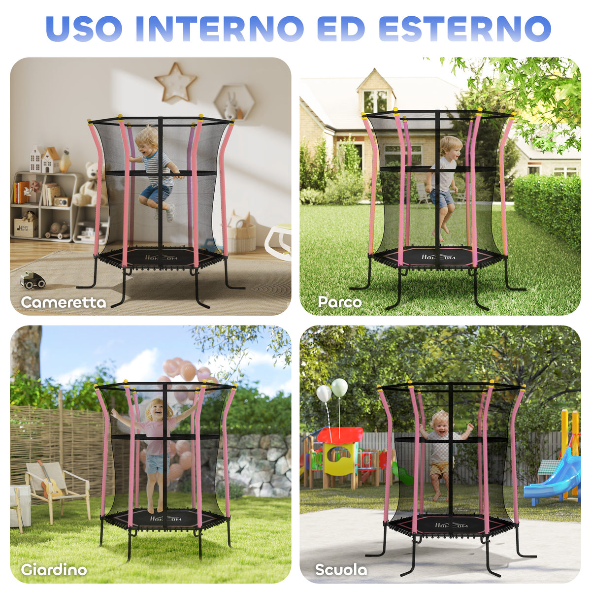 Tappeto Elastico per Bambini con Ingresso a Cerniera e Pali Imbottiti, in Acciaio, PP e EPE, 122x111x190 cm, Rosa