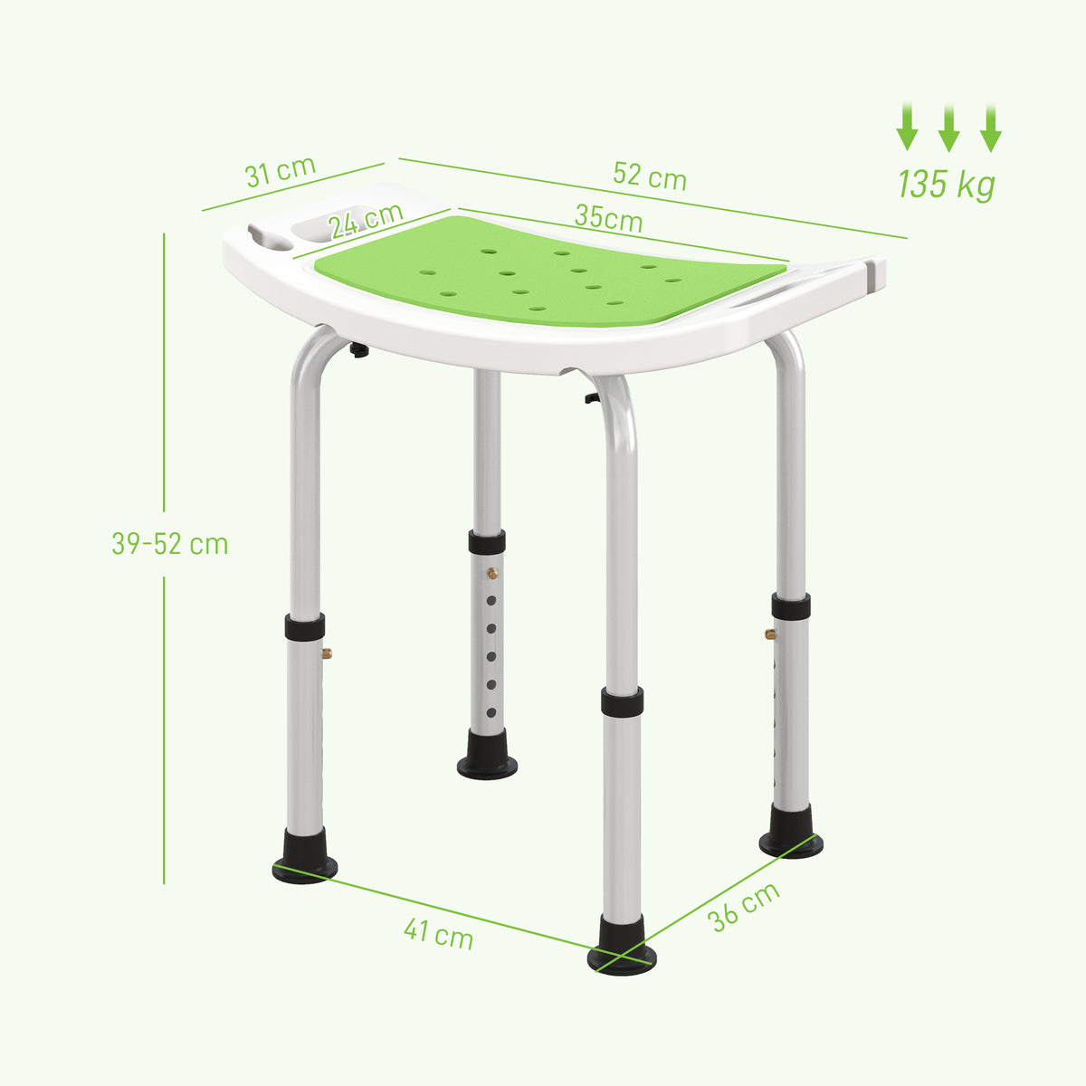Sgabello da Doccia in Lega di Alluminio e Plastica Antiscivolo, Altezza Regolabile 6 Livelli 39-52cm, Verde
